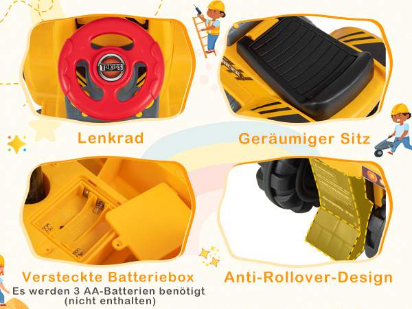 Sitzbagger mit Eingebautem Ablagefach Kinderbagger mit 4 Sound-Tasten Bagger Spielzeug