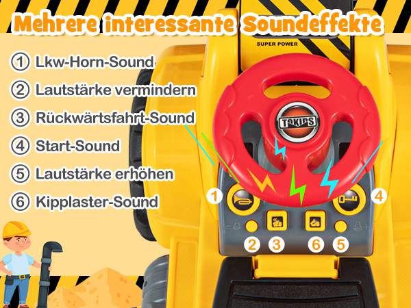 Sitzbagger mit Eingebautem Ablagefach Kinderbagger mit 4 Sound-Tasten Bagger Spielzeug