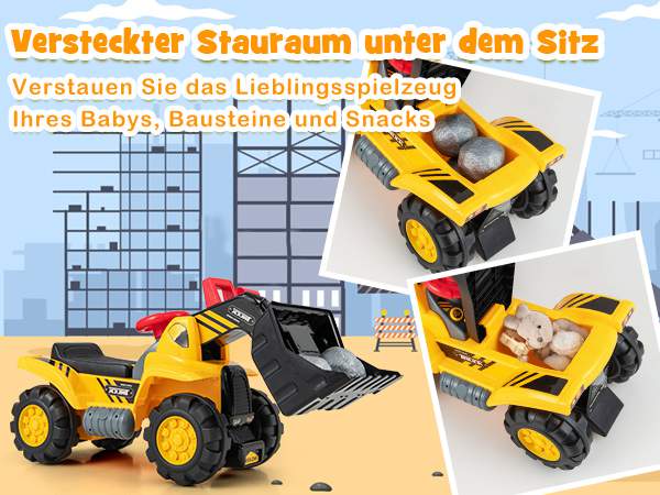 Sitzbagger mit Eingebautem Ablagefach Kinderbagger mit 4 Sound-Tasten Bagger Spielzeug