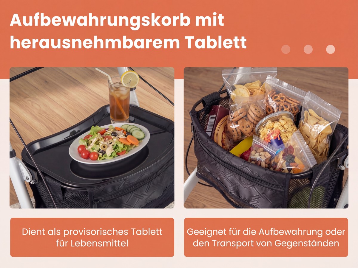 rollator mit tablett und aufbewahrungskorb