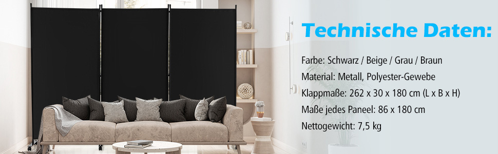 klappbarer Sichtschutz mit 3 Paneelen