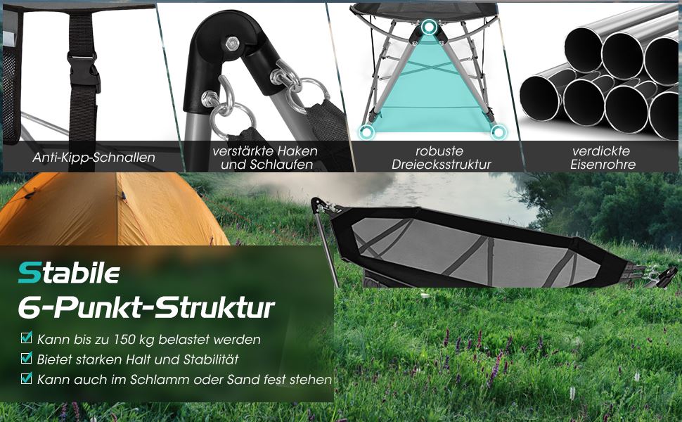 Klappbare Hngematte mit Gestell und Seitentasche Hngemattengestell bis 150  kg belastbar Schwarz - Costway