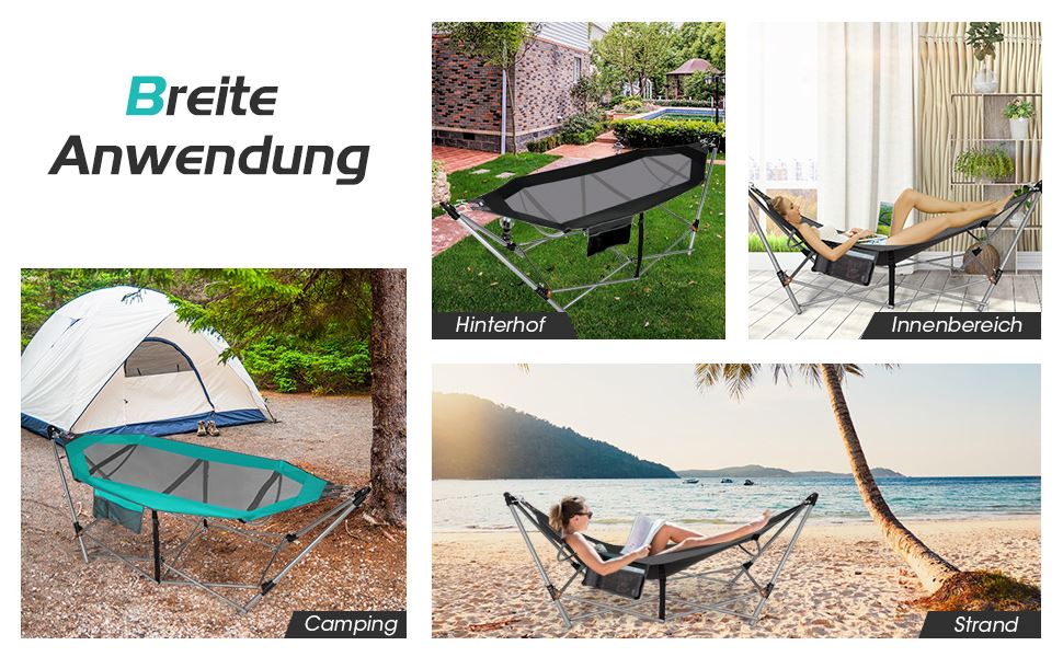 Klappbare Hngematte mit Gestell und Seitentasche Hngemattengestell bis  150 kg belastbar Schwarz - Costway