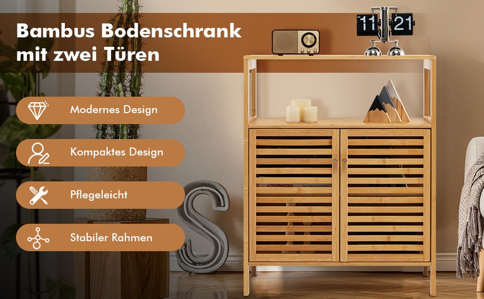 Badezimmer-Schrank Freistehendes Bambusregal mit Offener Ablage 64 x 27,5 x  80 cm Natur - Costway