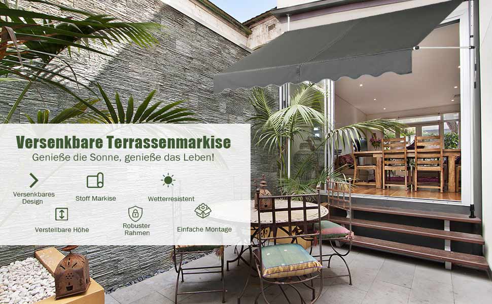 Klemmmarkise Balkonmarkise hhenverstellbar Markise mit Handkurbel  Sonnenschutz 250 x 120 cm Grau - Costway