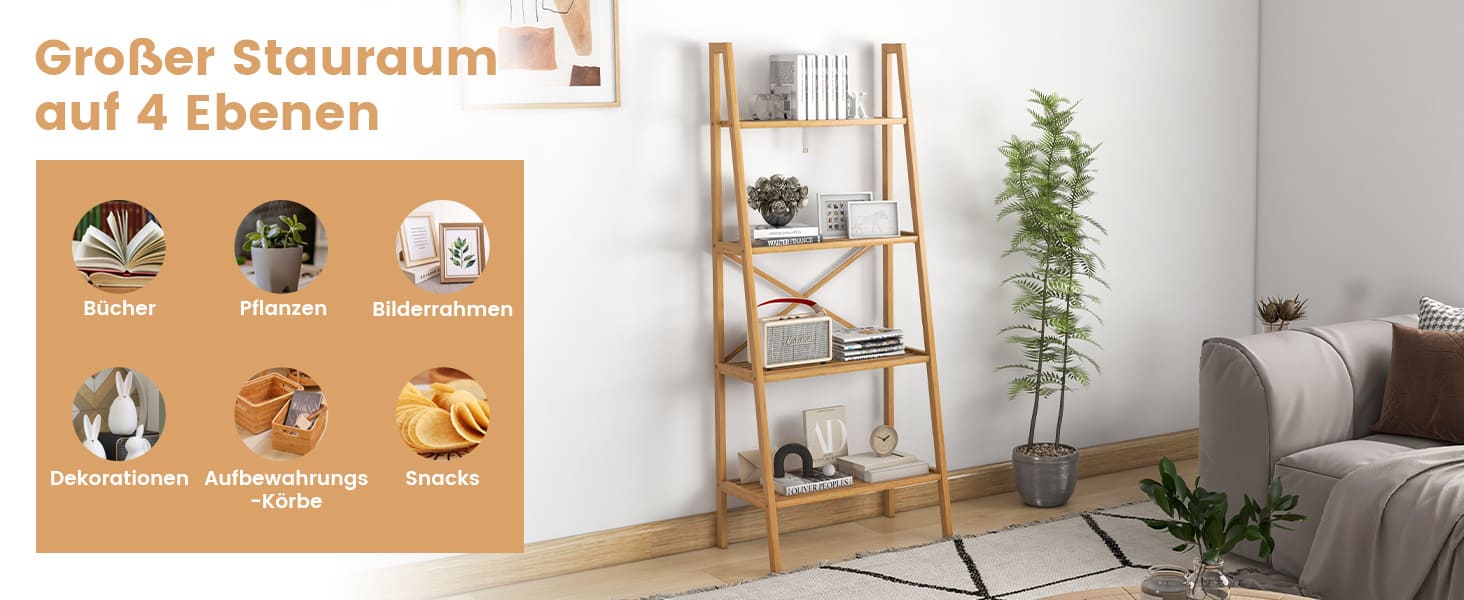 Leiterregal aus Bambus mit Kippschutz 4 Ebenen Bcherregal 60 x 35,5 x 148  cm Natur - Costway