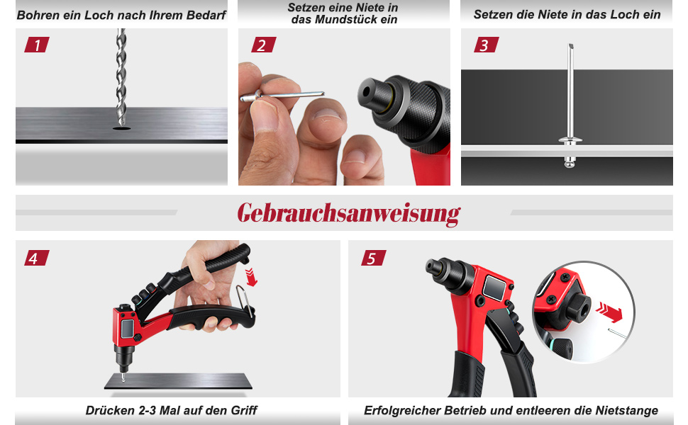 Nietwerkzeug-Set mit 200 Nieten und 4 Nietköpfen