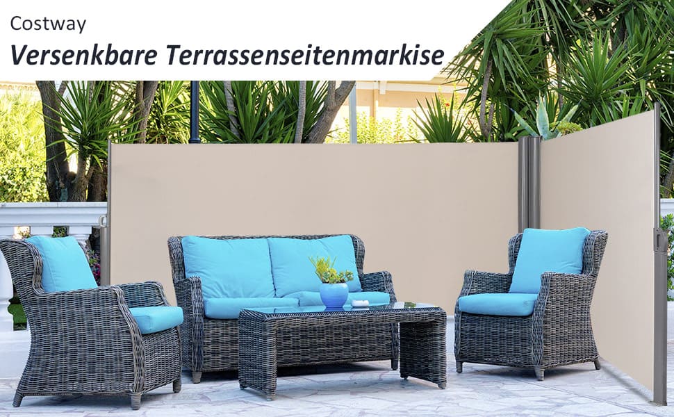 Doppelseitenmarkise Ausziehbare Seitenmarkise Markise Sichtschutz fr  Garten Beige 6 x 1,8 m - Costway