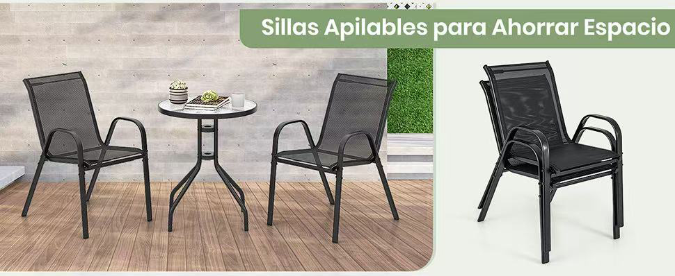 mesa de bistró redonda con sillas apilables al aire libre