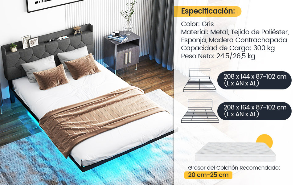 cama flotante con luces LED