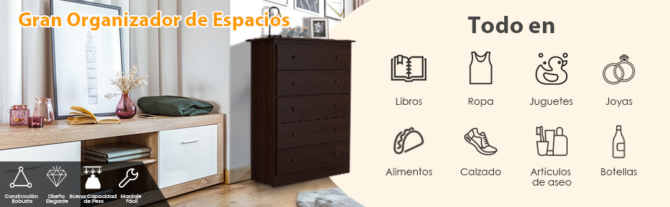 Cómoda de 5 cajones blanco