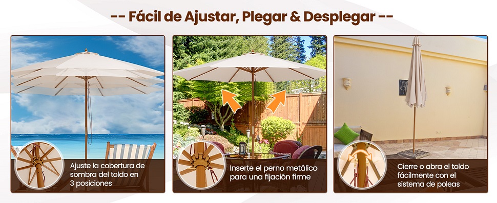  sombrilla de madera para patio ajustable en altura