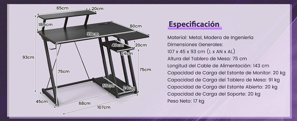 Escritorio gaming con puertos USB