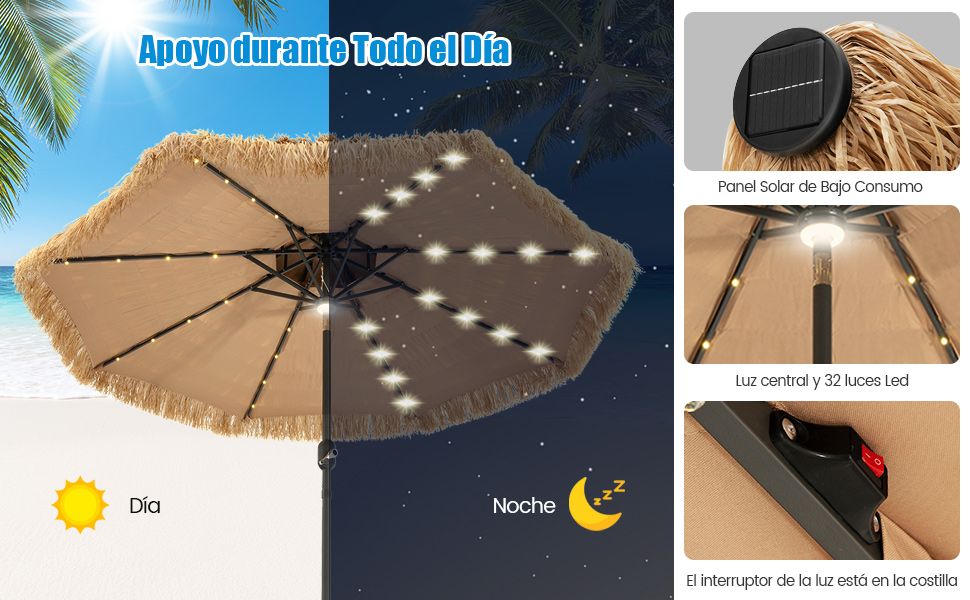 Sombrilla de paja con energía solar