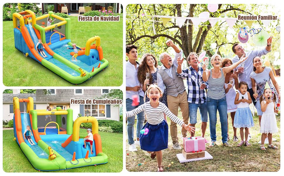 Castillo inflable con tobogán y canasta
