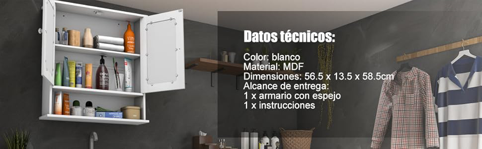 Armario con Espejo de pared con puertas dobles 3 estantes