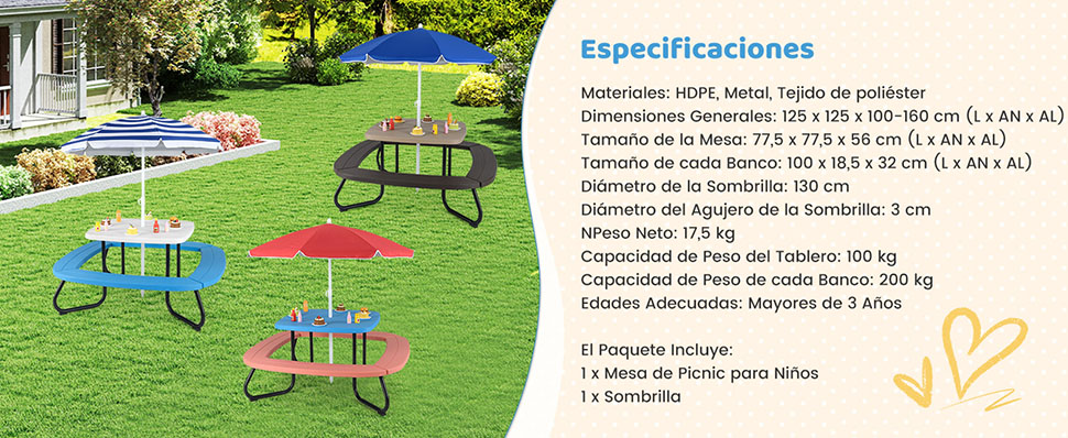 Mesa infantil con sombrilla