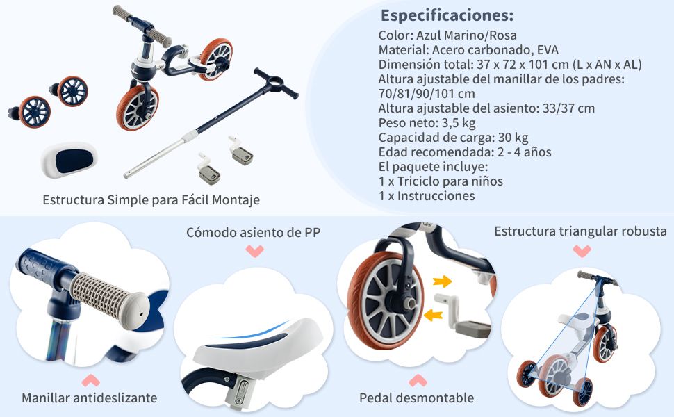 Triciclo para niños pequeños con pedales desmontables