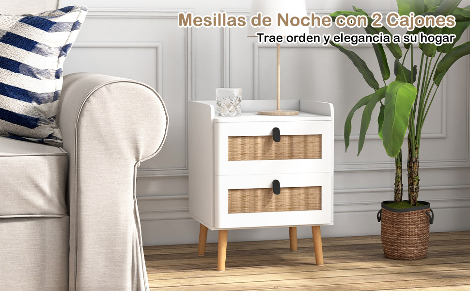 Mesita de noche blanca con ratán