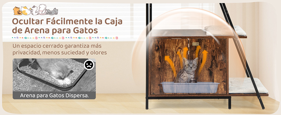 Caja de arena para gatos con estantes de almacenamiento