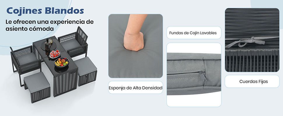 Sillas y mesa con otomanas