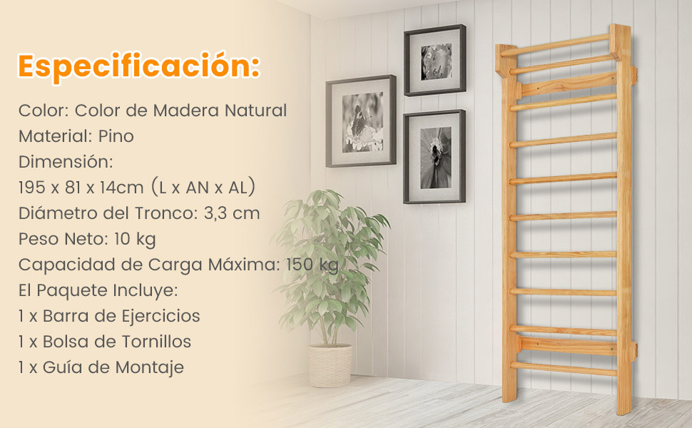 Escalera Sueca Carga 150 kg Incluye 4 Anclajes 195 x 81 x 14 cm