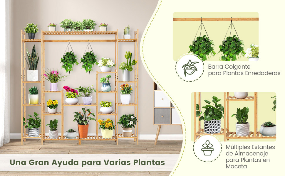 Soporte de plantas con estante colgante y dispositivo antivuelco
