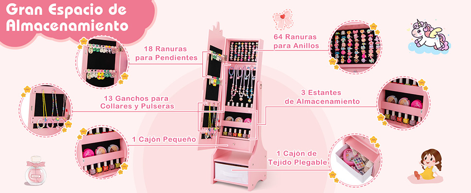 espejo de cuerpo completo para niños con almacenamiento