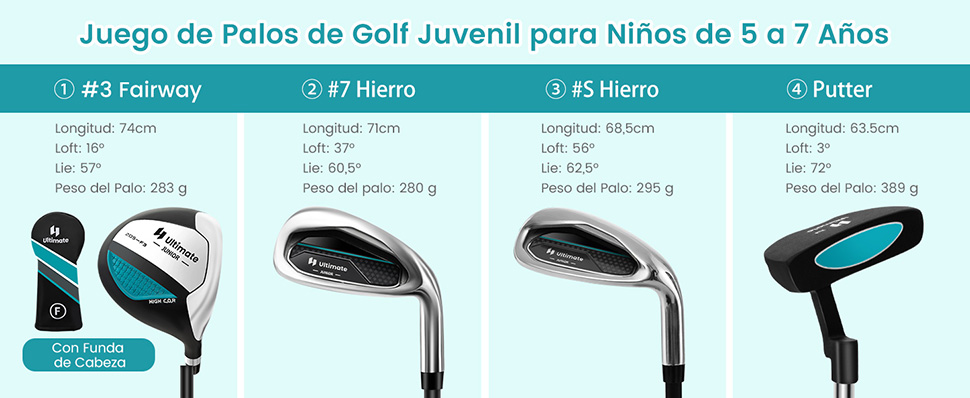 palos de golf para niños y niñas con eje de grafito y empuñadura de gom