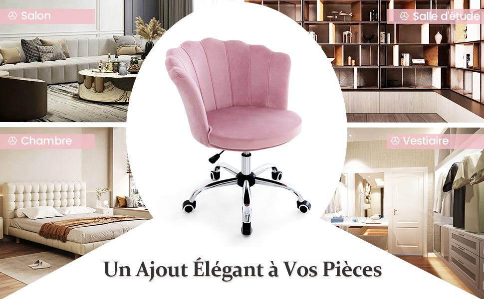 Fauteuil de Bureau en Velours - YAHEETECH - Dossier Capitonné - Assise Réglable en Hauteur - Rose - Maison