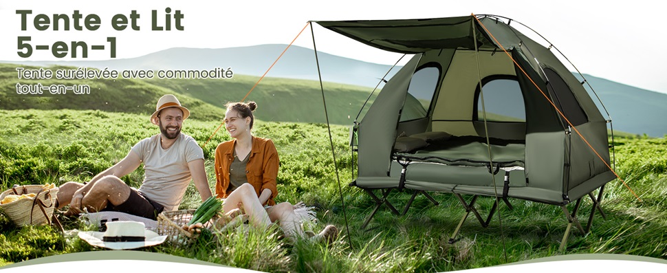 Tente De Camping 5 En 1 Avec Lit 2 Places Pliant Et Matelas - Neuve