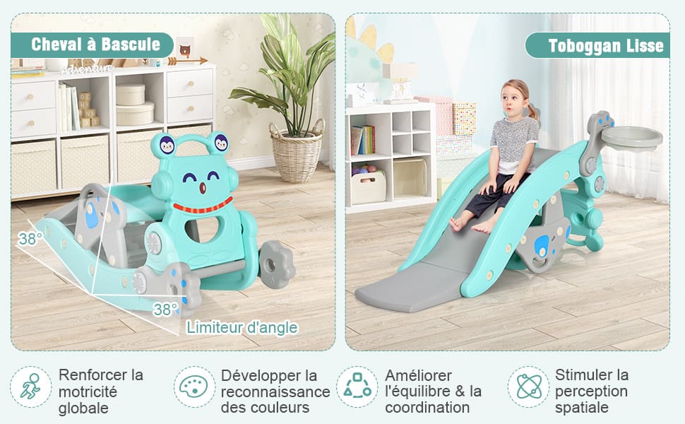 chaise à bascule avec toboggan et panier de basket-ball