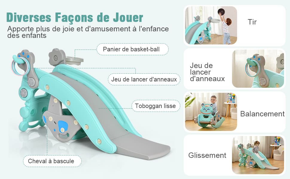 chaise à bascule avec toboggan et panier de basket-ball
