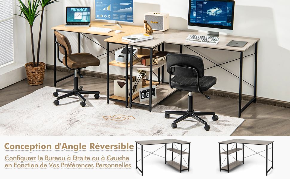 Bureau d'angle Gaming en forme de L avec LED, prise électrique