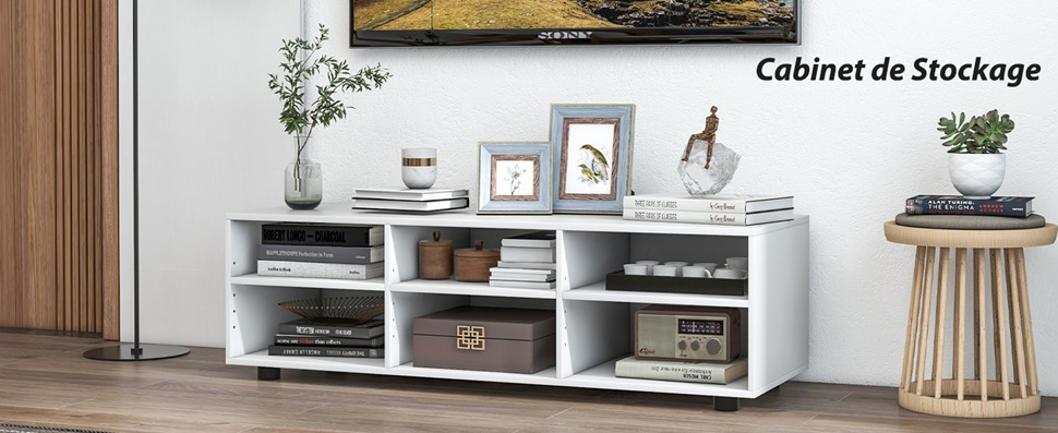 Meuble TV 3 Niveaux 6 Compartiments - MDF Noir/ Naturel, Dimensions 150x39x45 Cm