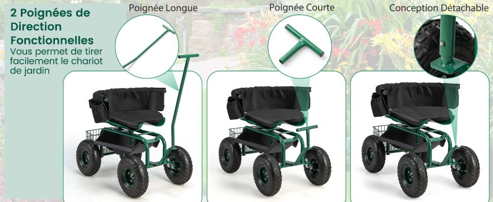 Chariot De Jardin Roulant Avec Siège Pivotant COSTWAY - Réglable En Hauteur, 4 Roues Gonflables, Plateau Et Panier, Capacité 150kg