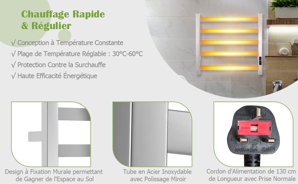 porte-serviettes à séchage chauffant en acier inoxydable à 5 barres
