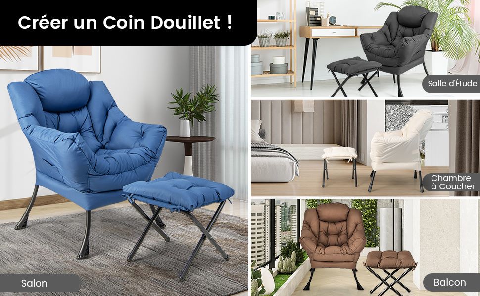 Fauteuil De Repos Inclinable Avec Tabouret – Confortable, Charge 150 Kg, Poches Latérales, Plusieurs Couleurs