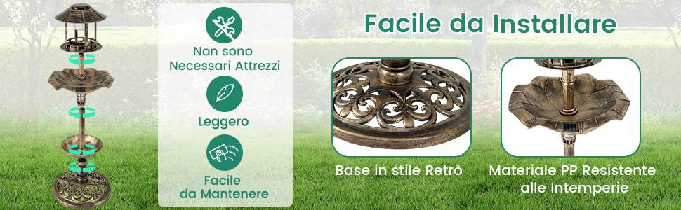 SOARS Abbeveratoio Per Uccelli Con Pannello Solare E Luci LED - Mangiatoia E Vaso Fiori 3 In 1 - Vintage In Metallo, 83 Cm - 4