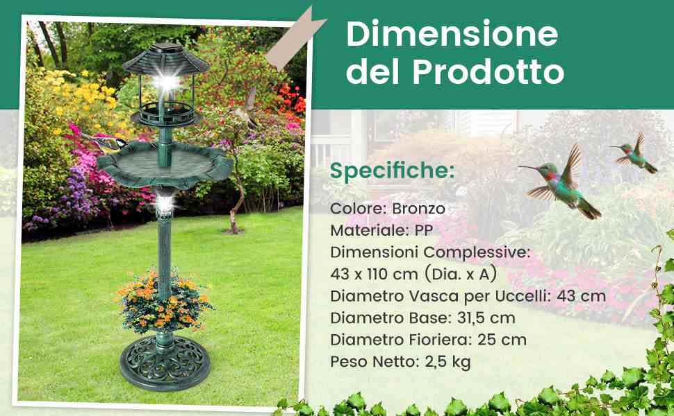 COSTWAY Mangiatoia per Uccelli Solare da Esterno, Bagno per Uccelli con Piedistallo e Ciotola a Forma di Foglia di Loto, Fioriera, Lampada Solare, Decorazione Vintage (Bronzo