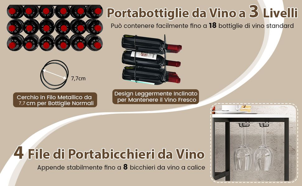 COSTWAY Mobiletto Portabottiglie da Vino a 3 Livelli, con Ripiani di Stoccaggio, Porta Bicchieri, Porta Bottiglie, Prolunghe Elettriche, per Soggiorno Cucina, Bar, 120 x 40 x 92 cm (Grigio Scuro