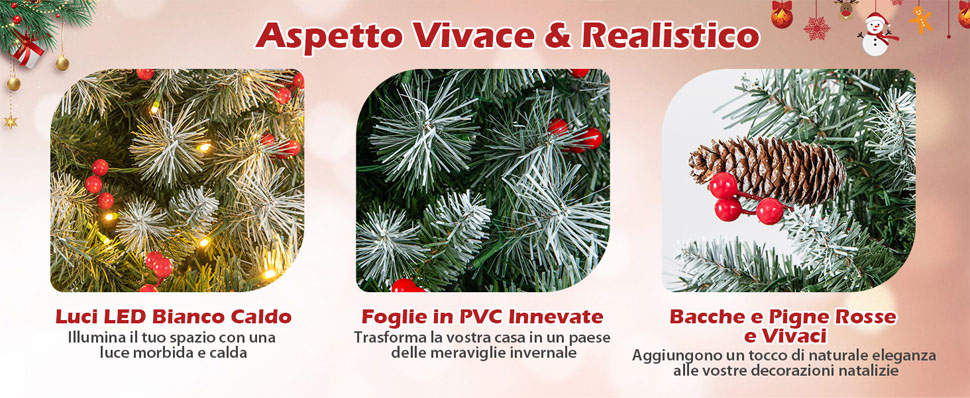 LIFEZEAL Albero di Natale con Luci Incorporate, Albero di Natale 195 cm, con 450 Luci a LED, 1100 Rami, 56 Bacche, 56 Pigne, Foltissimo, PVC Ignifugo, Base in Metallo, Christmas Tree