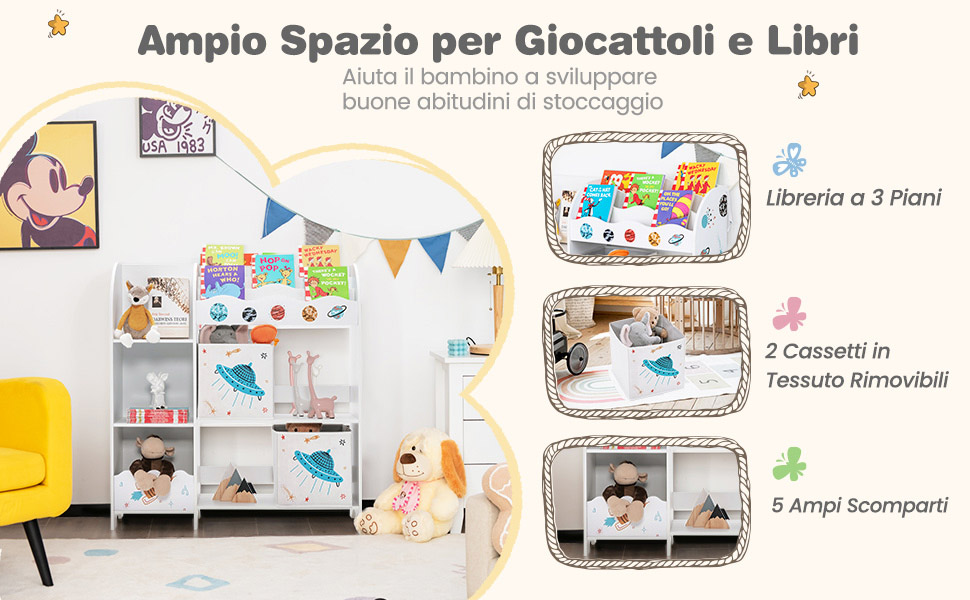 Organizer giocattoli con libreria per bambini
