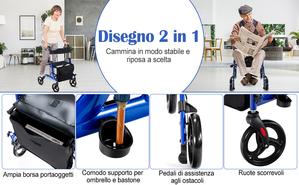 Rollator pieghevole con 4 ruote