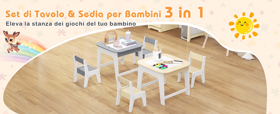 COSTWAY Set Di Tavolo E Sedie Per Bambini 4 In 1, Tavolo Di Attività Per Bambini Con 2 Sedie Impilabili Coperchio Rimovibile E Contenitore Per Imparare Giocare Disegnare Grigio Bianco 75619775
