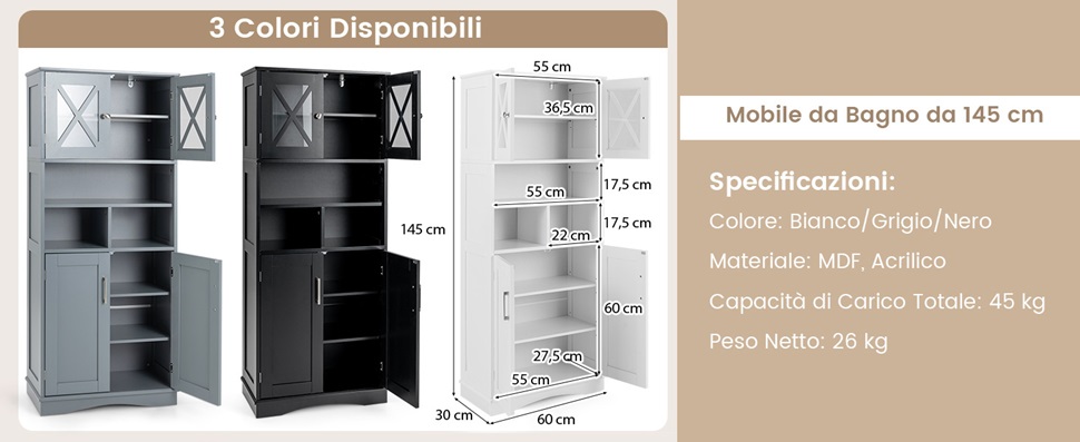 Armadietto Bagno Alto Stretto con Cassetto,Anta,Ripiani Regolabili,per Bagno,Soggiorno 35 x 30,5 x 179 cm Bianco | Leroy Merlin