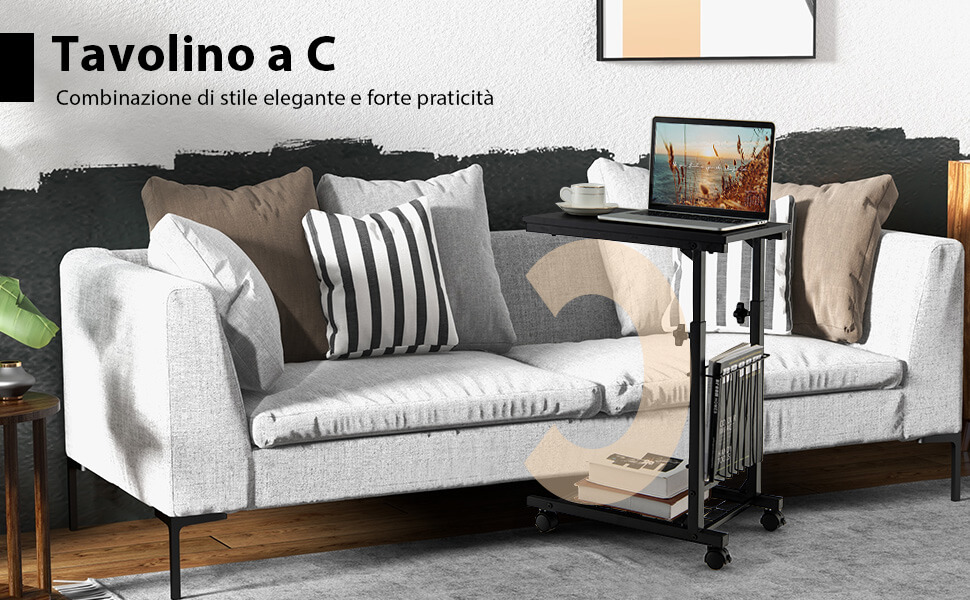 ESTUWD Tavolino da Divano - Tavolino Divano Rotazione 360° e con Ruote - Tavolini da Divano Regolabile Altezza (45-80CM) - Tavolino a Forma di C da Divano e Letto per Soggiorno e