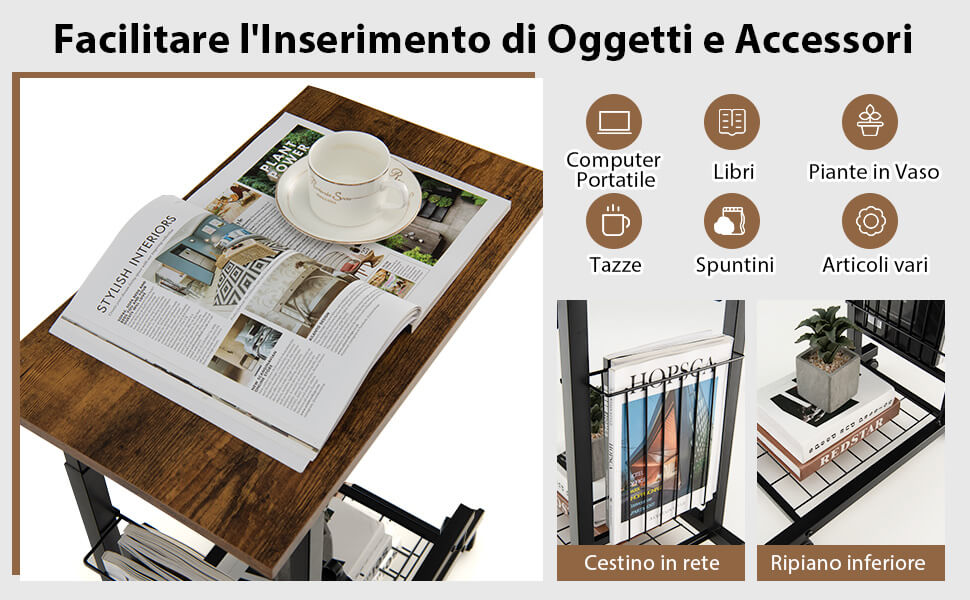 Tavolino a C con Ruote, Tavolino da Divano, Tavolino da Snack Mobile Bianco, Struttura in Metallo, Elegante Tavolino a Forma di C per Soggiorno, Camera da Letto, Piccoli Spazi