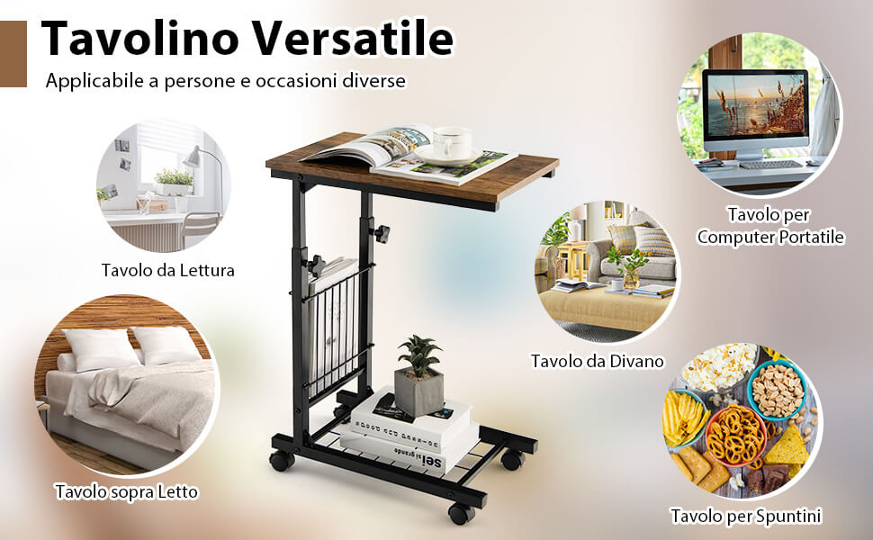 Tavolino laterale per divano con ruote e cestino portaoggetti, Tavolino PC regolabile per soggiorno 50x30x80cm