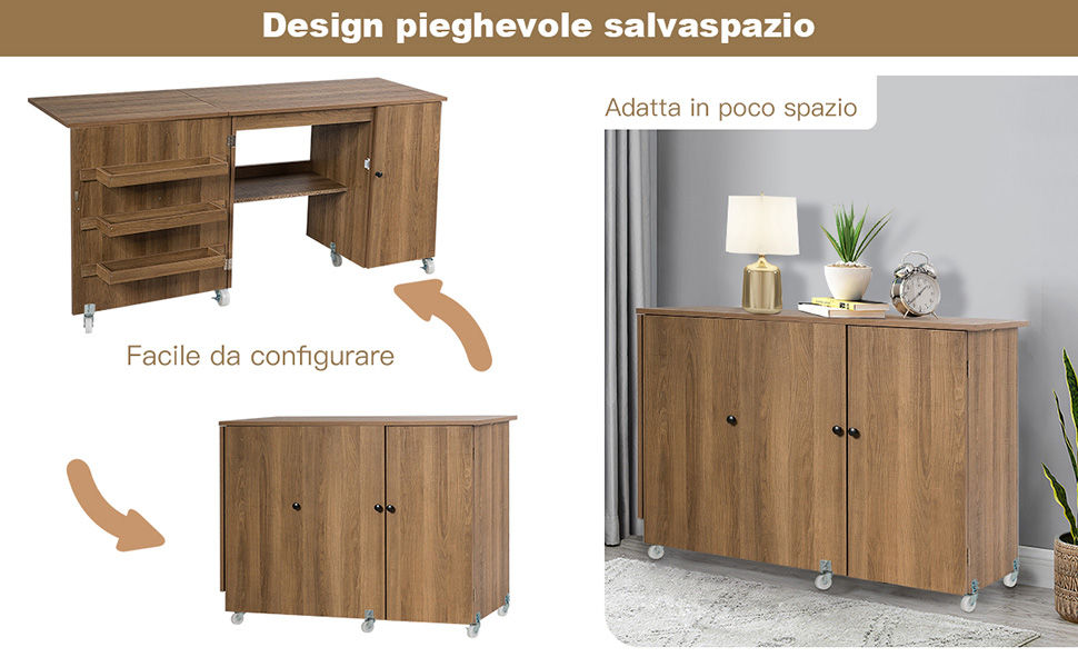 Tavolo pieghevole da cucito con mensole